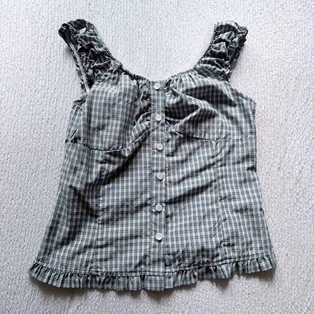 Ruffled Gray Plaid Button-Front Tank Top